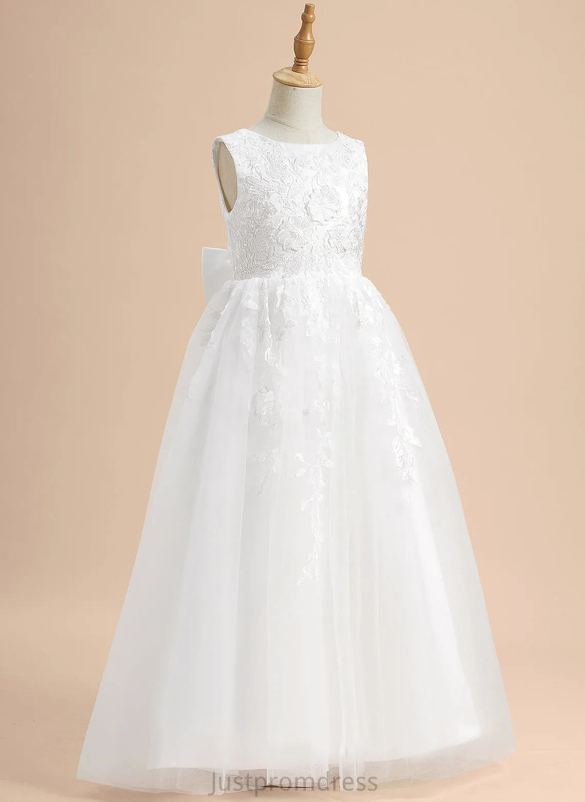 Flower Ally With - Lace/Flower(s)/Bow(s) Tulle Flower Girl Dresses Sleeveless Neck Floor-length A-Line Dress Scoop Girl