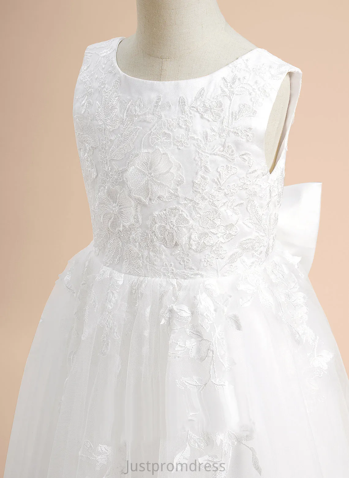Flower Ally With - Lace/Flower(s)/Bow(s) Tulle Flower Girl Dresses Sleeveless Neck Floor-length A-Line Dress Scoop Girl