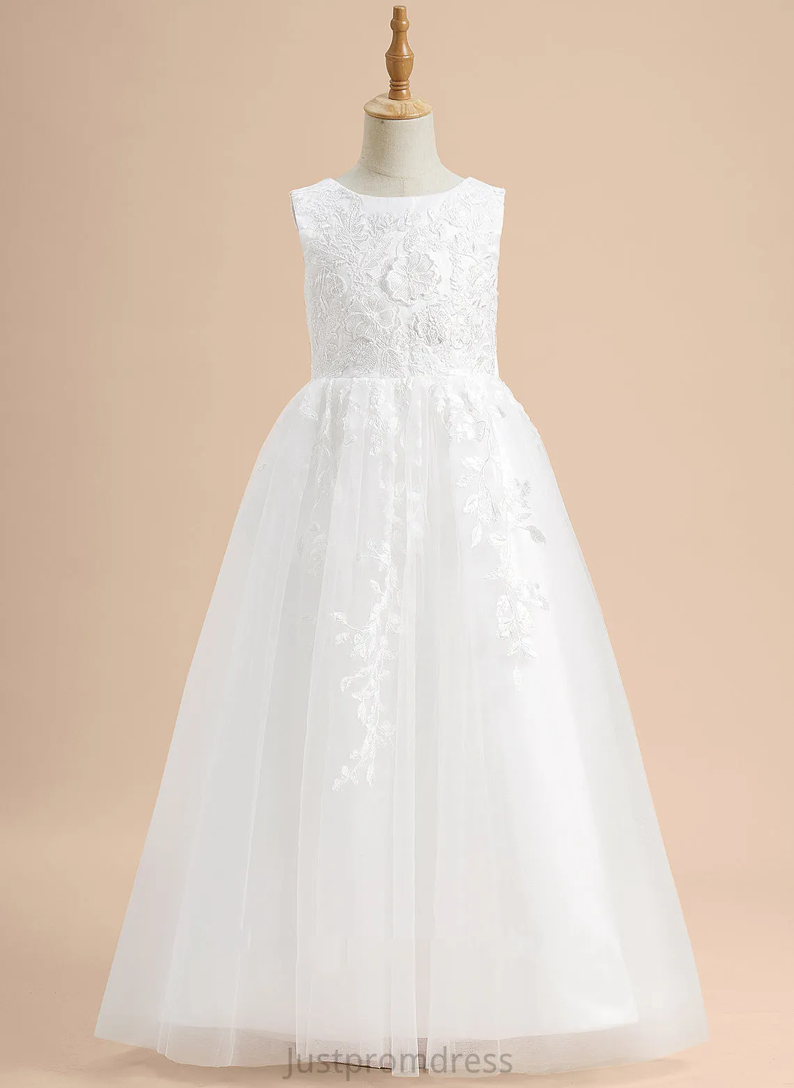 Flower Ally With - Lace/Flower(s)/Bow(s) Tulle Flower Girl Dresses Sleeveless Neck Floor-length A-Line Dress Scoop Girl