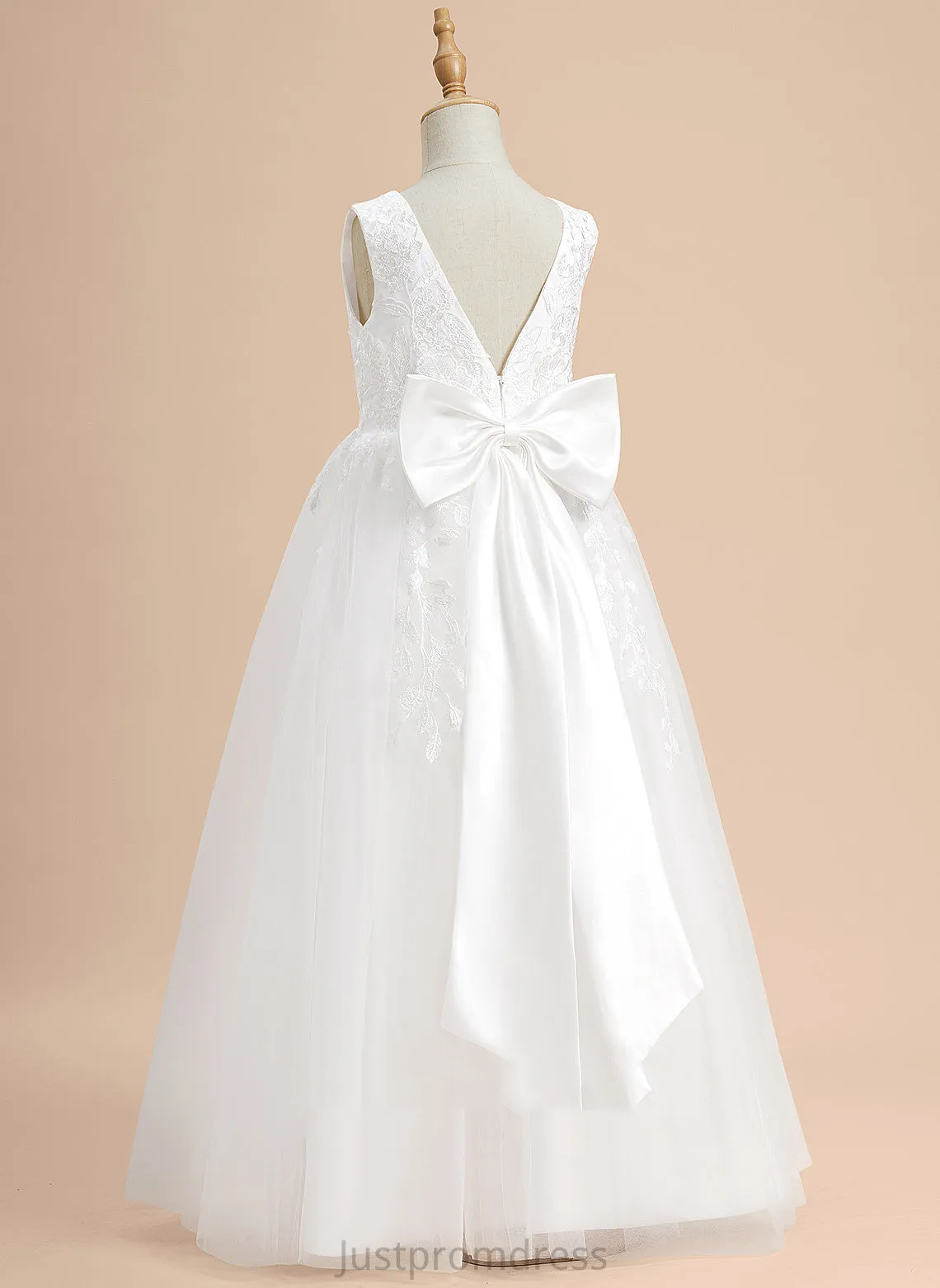 Flower Ally With - Lace/Flower(s)/Bow(s) Tulle Flower Girl Dresses Sleeveless Neck Floor-length A-Line Dress Scoop Girl