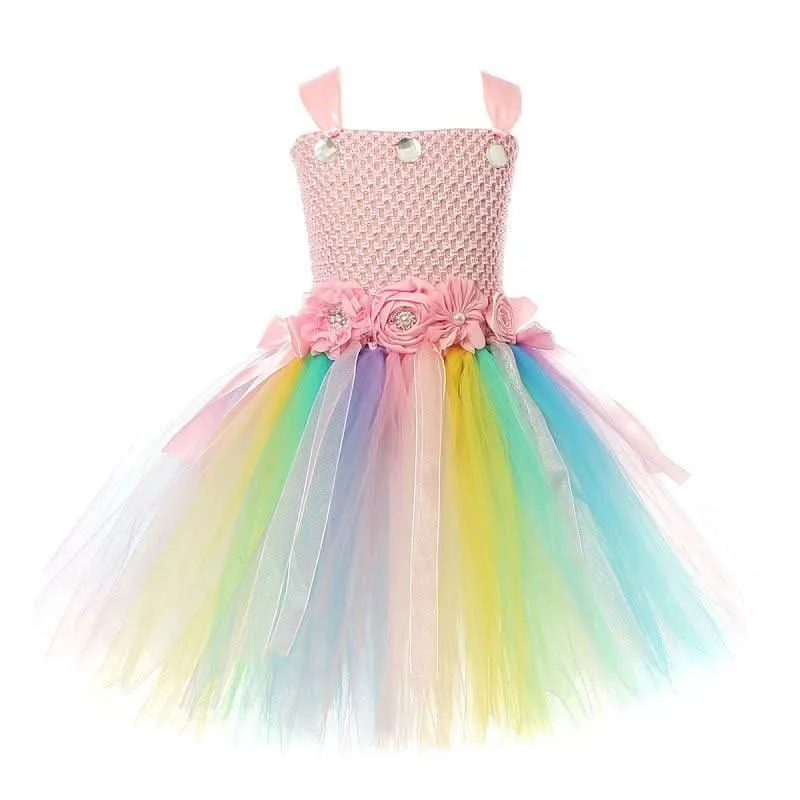 Girl Rainbow Butterfly Wings Princess Dress Flower Fairy Magic Dress Carnival Birthday Banquet Halloween Stage Performance Dress