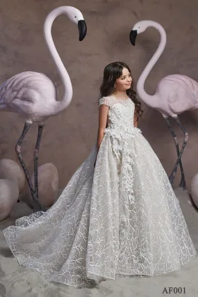 Girls Fit and Flare Ivory Lace Flower Girl Dress