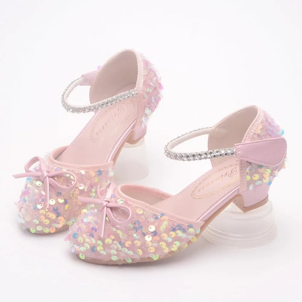 Girls Glitter Low Heels Dress Pump Flower Girl Sequin Mary Jane Wedding Party Princess Bow Dress Shoes for Toddler Little Kid Big Kid
