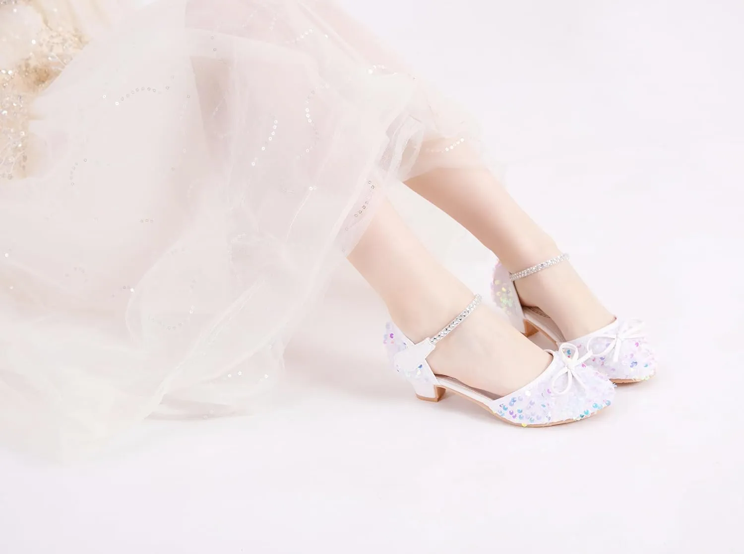 Girls Glitter Low Heels Dress Pump Flower Girl Sequin Mary Jane Wedding Party Princess Bow Dress Shoes for Toddler Little Kid Big Kid