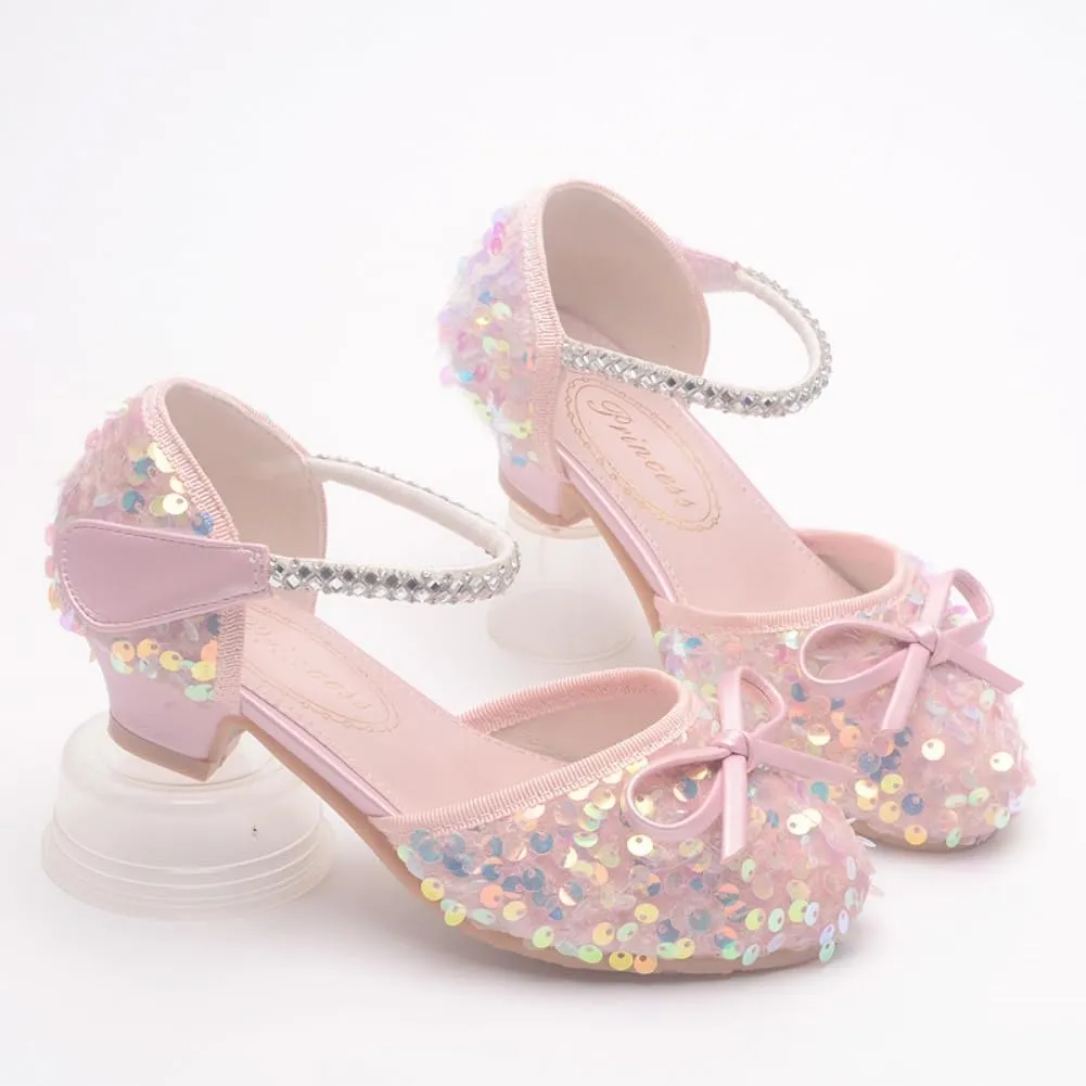 Girls Glitter Low Heels Dress Pump Flower Girl Sequin Mary Jane Wedding Party Princess Bow Dress Shoes for Toddler Little Kid Big Kid