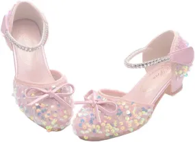 Girls Glitter Low Heels Dress Pump Flower Girl Sequin Mary Jane Wedding Party Princess Bow Dress Shoes for Toddler Little Kid Big Kid