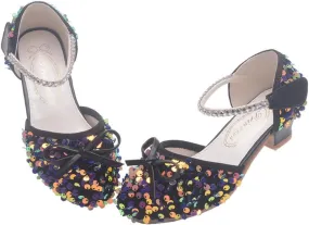 Girls Glitter Low Heels Dress Pump Flower Girl Sequin Mary Jane Wedding Party Princess Bow Dress Shoes for Toddler Little Kid Big Kid