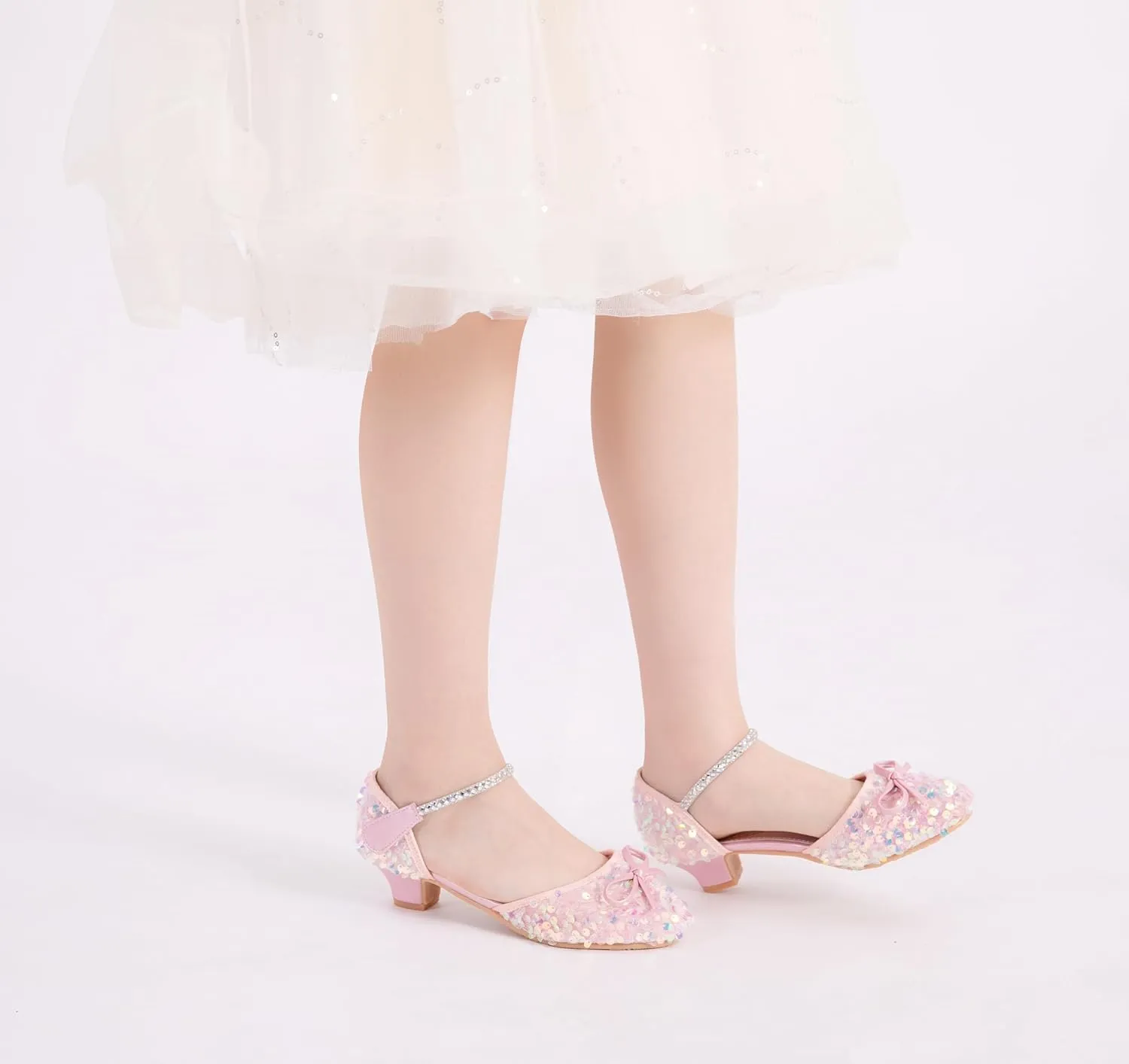 Girls Glitter Low Heels Dress Pump Flower Girl Sequin Mary Jane Wedding Party Princess Bow Dress Shoes for Toddler Little Kid Big Kid