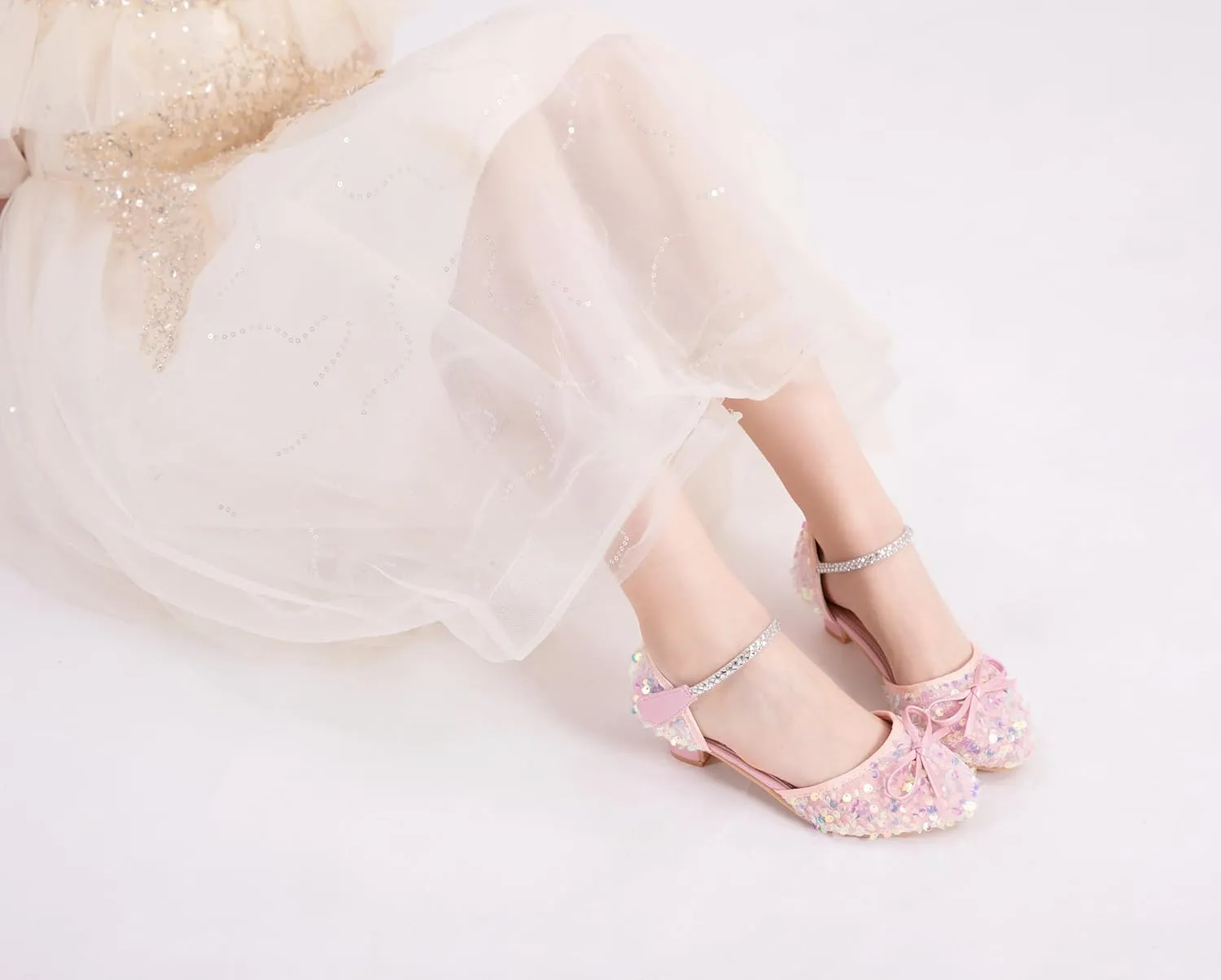 Girls Glitter Low Heels Dress Pump Flower Girl Sequin Mary Jane Wedding Party Princess Bow Dress Shoes for Toddler Little Kid Big Kid