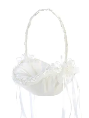 Girls Ivory Satin Ribbons Flowers Open-Shaped Flower Girl Basket
