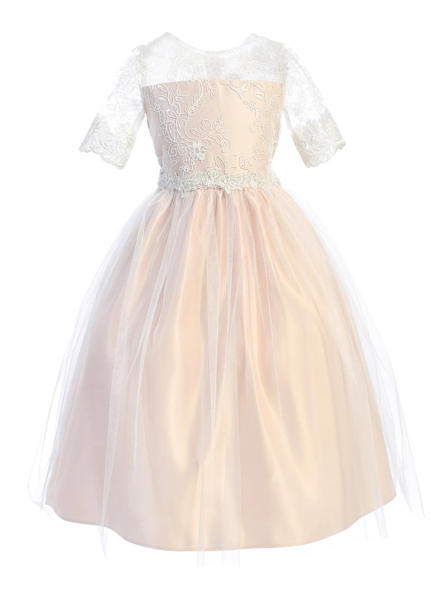 Girls Multi Color Sequin Floral Lace Crystal Tulle Tea Length Flower Girl Dress 2-16