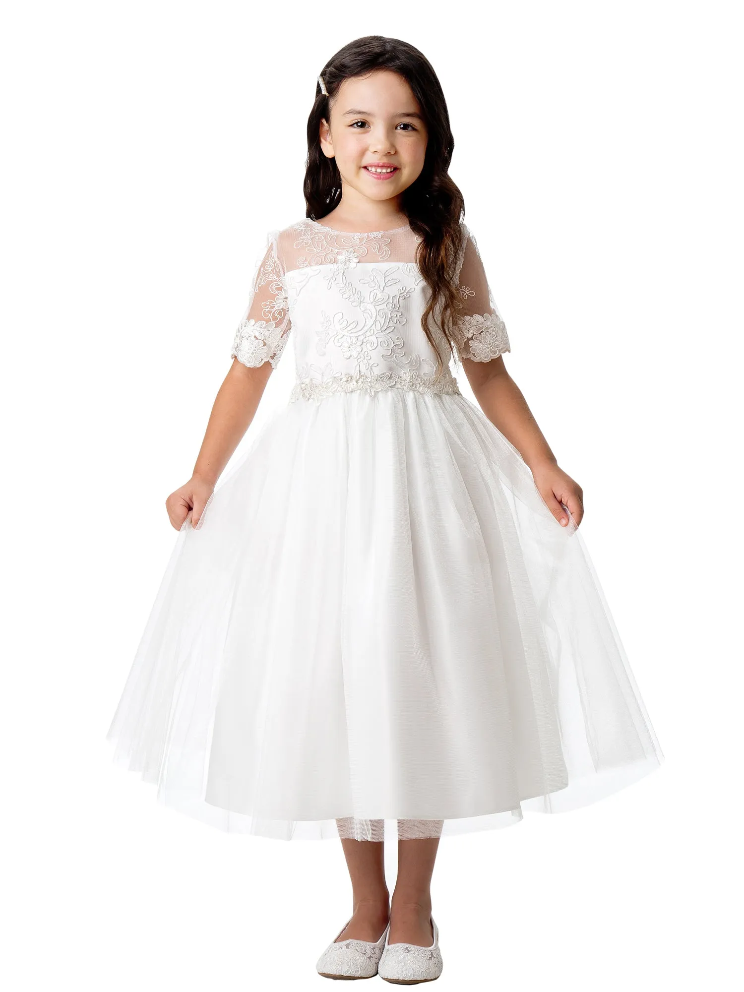 Girls Multi Color Sequin Floral Lace Crystal Tulle Tea Length Flower Girl Dress 2-16