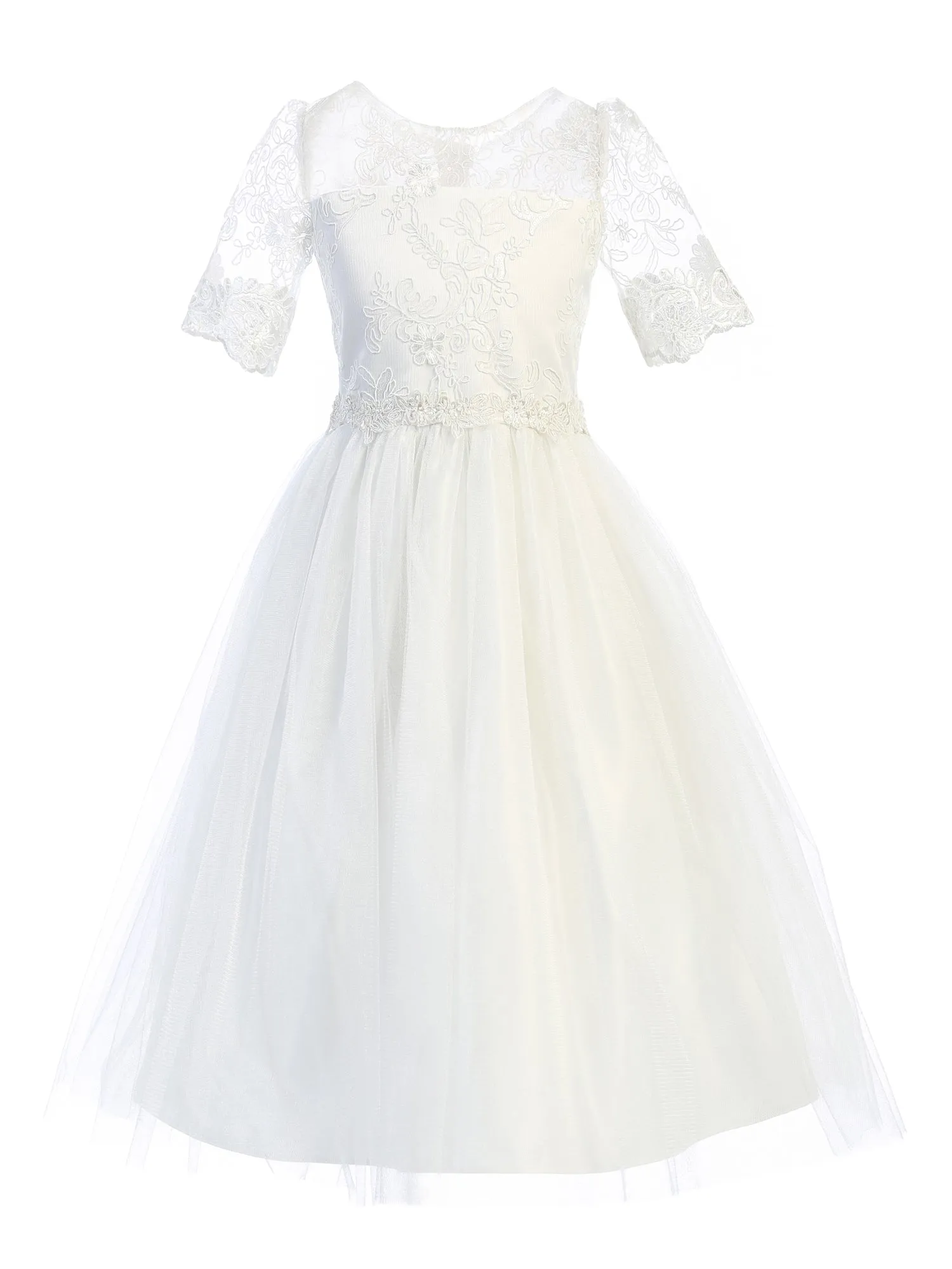 Girls Multi Color Sequin Floral Lace Crystal Tulle Tea Length Flower Girl Dress 2-16