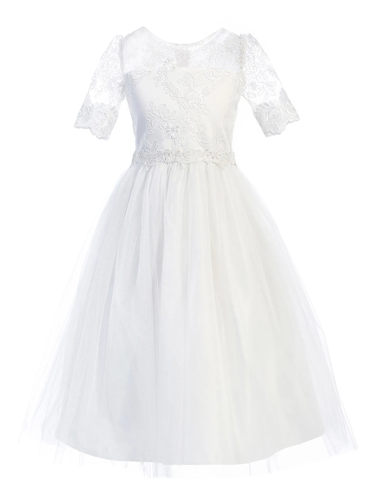 Girls Multi Color Sequin Floral Lace Crystal Tulle Tea Length Flower Girl Dress 2-16