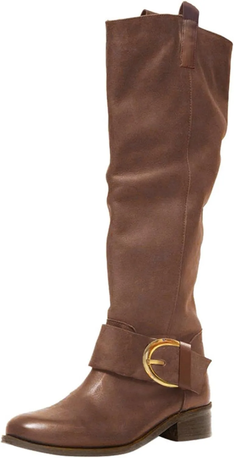Hbeylia Knee High Boots For Women Ladies Fashion Casual Ruched Leather Round Toe Chunky Mid Heels Knee Length Long Boots Slouchy Stacked Winter Fall Dress Tall Boots For Halloween Christmas Dresses