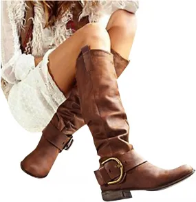 Hbeylia Knee High Boots For Women Ladies Fashion Casual Ruched Leather Round Toe Chunky Mid Heels Knee Length Long Boots Slouchy Stacked Winter Fall Dress Tall Boots For Halloween Christmas Dresses