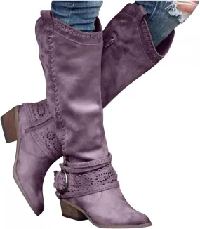 Hbeylia Knee High Western Cowboy Cowgirls Boots For Women Vintage Boho Lace Leather Pointed Toe Chunky Block Mid Heels Knee Length Long Boots With Side Zip Fashion Winter Fall Dress Tall Boots