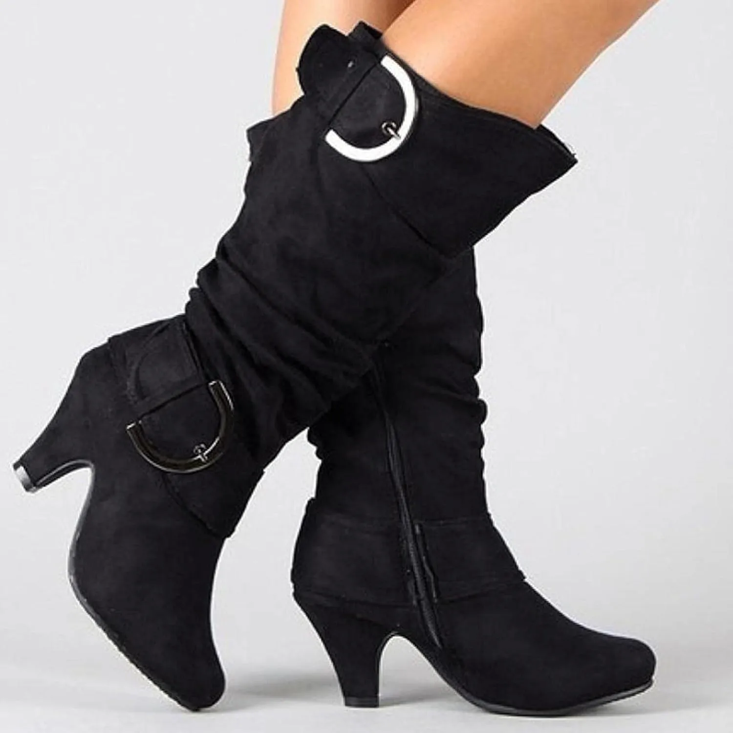 Hbeylia Pump Dress Boots For Women Fashion Casual Sclouchy Ruched Knee High Length High Heels Boots With Side Zip Ladies Stacked Wide Mid Calf Dressy Booties Winter Shoes Party Favor