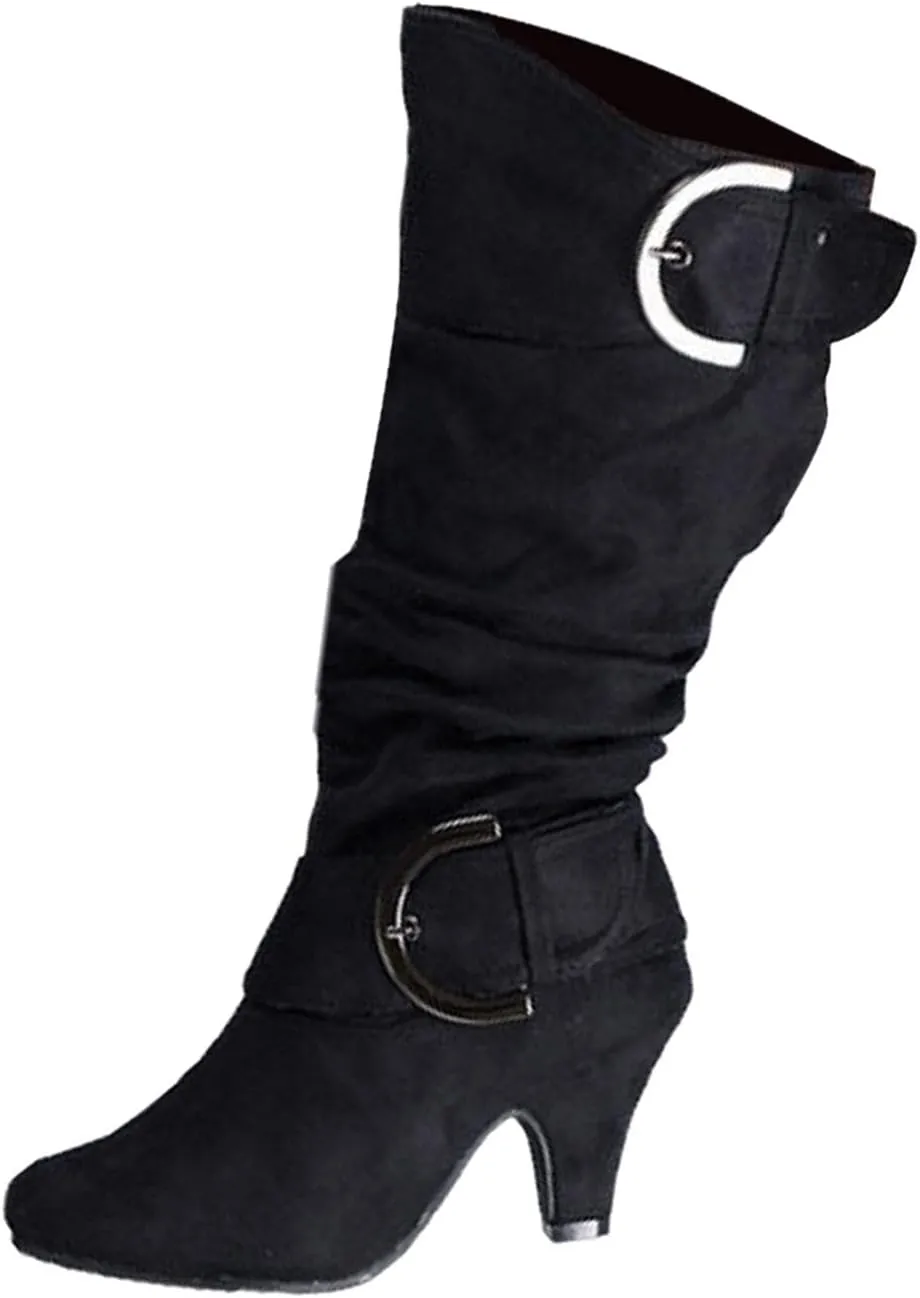 Hbeylia Pump Dress Boots For Women Fashion Casual Sclouchy Ruched Knee High Length High Heels Boots With Side Zip Ladies Stacked Wide Mid Calf Dressy Booties Winter Shoes Party Favor