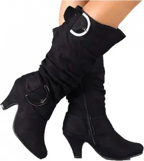 Hbeylia Pump Dress Boots For Women Fashion Casual Sclouchy Ruched Knee High Length High Heels Boots With Side Zip Ladies Stacked Wide Mid Calf Dressy Booties Winter Shoes Party Favor