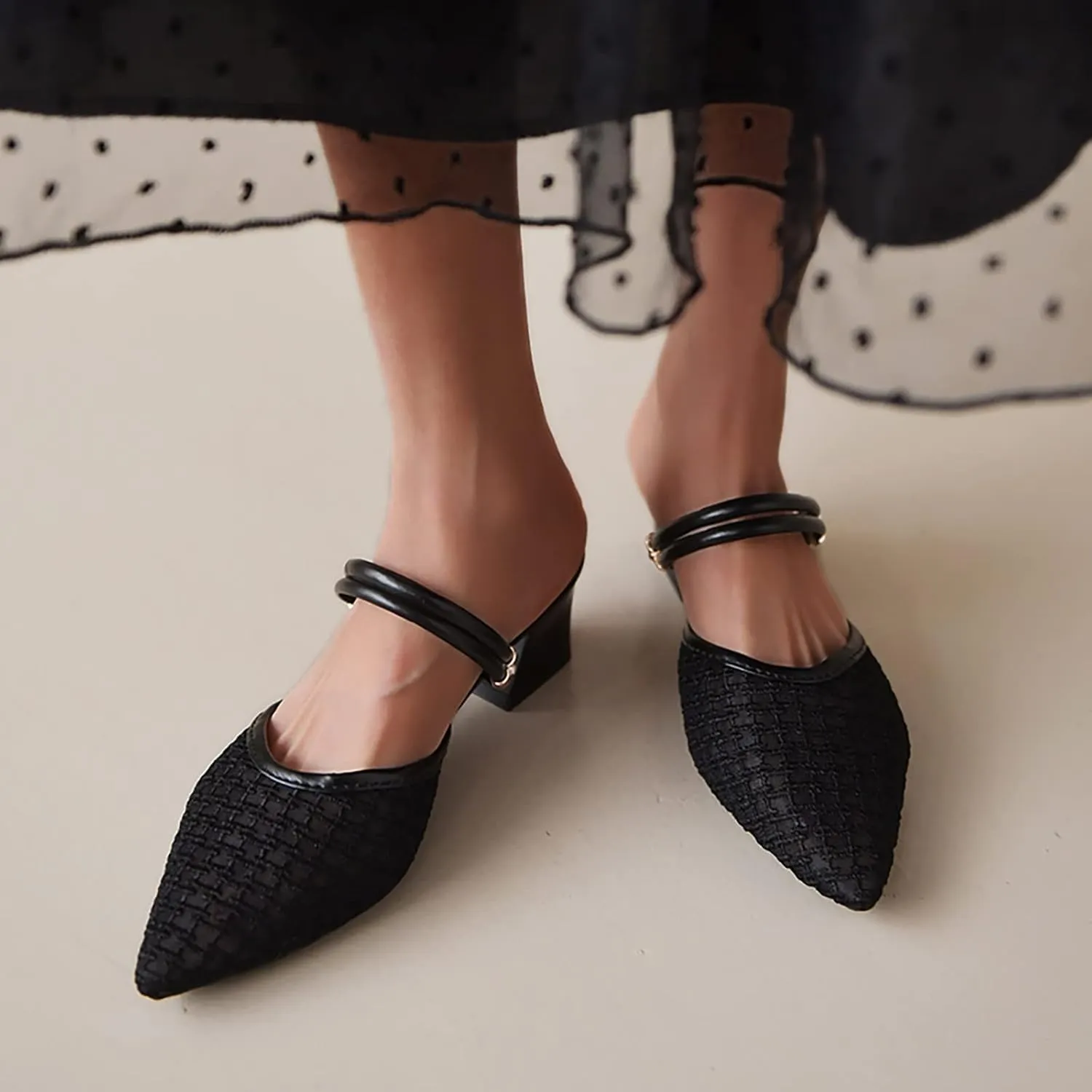 Hbeylia Womens Slip On Mules Fashion Closed Pointed Toe Mesh Air Chunky Stacked Mid Heel Ballet Flats Lightweight Comfort Backless Dress Pumps Loafers Shoes Slides For Beach Travel