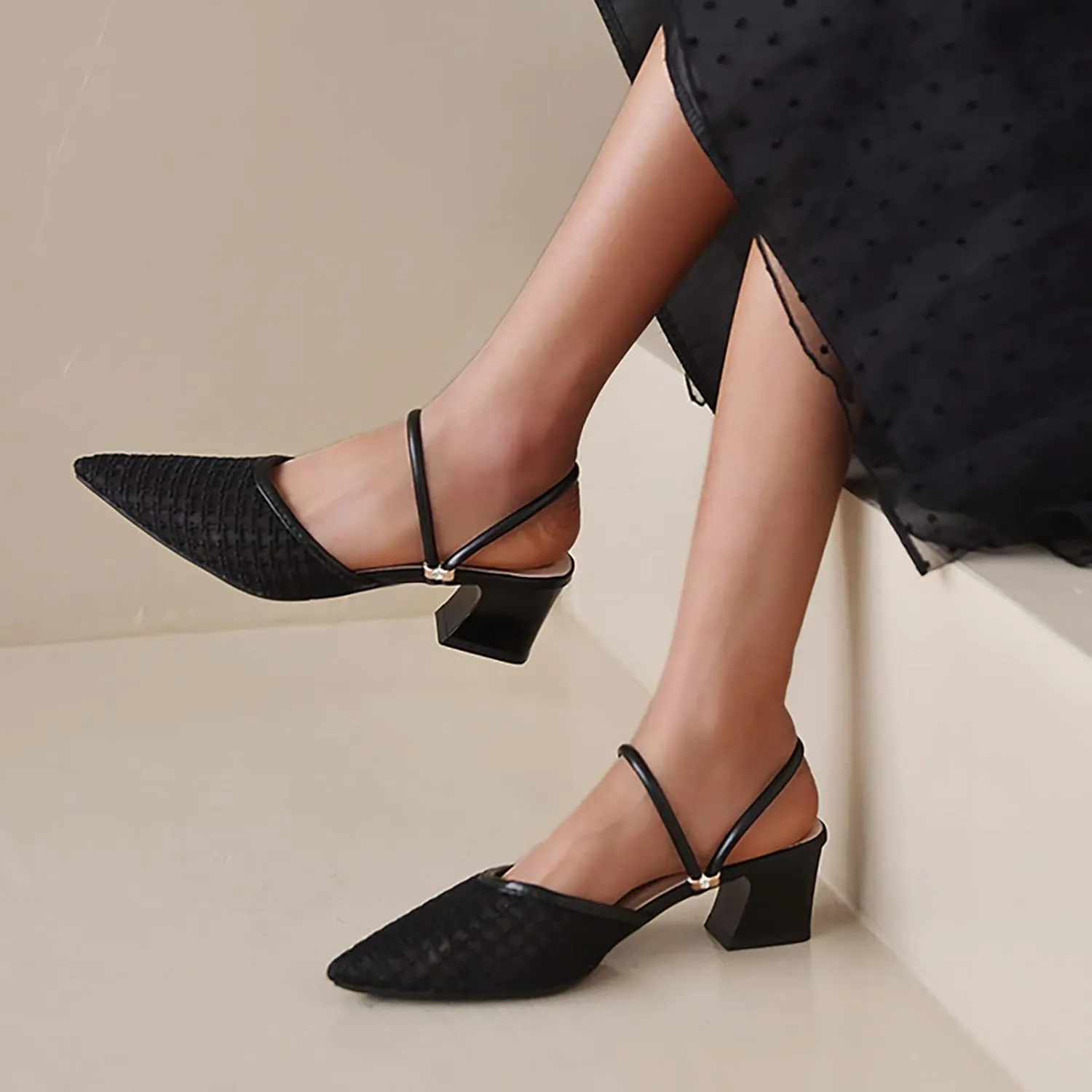 Hbeylia Womens Slip On Mules Fashion Closed Pointed Toe Mesh Air Chunky Stacked Mid Heel Ballet Flats Lightweight Comfort Backless Dress Pumps Loafers Shoes Slides For Beach Travel