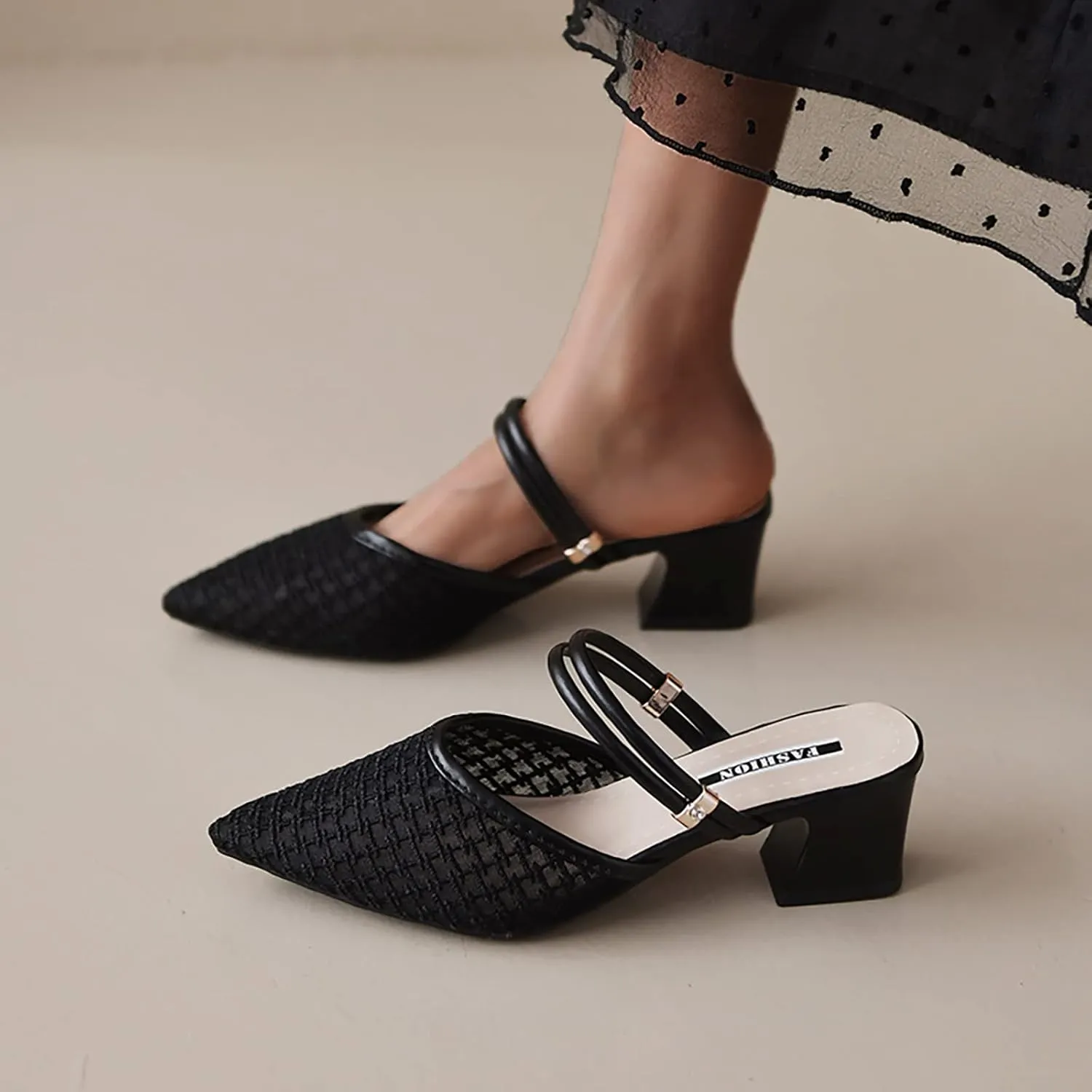 Hbeylia Womens Slip On Mules Fashion Closed Pointed Toe Mesh Air Chunky Stacked Mid Heel Ballet Flats Lightweight Comfort Backless Dress Pumps Loafers Shoes Slides For Beach Travel