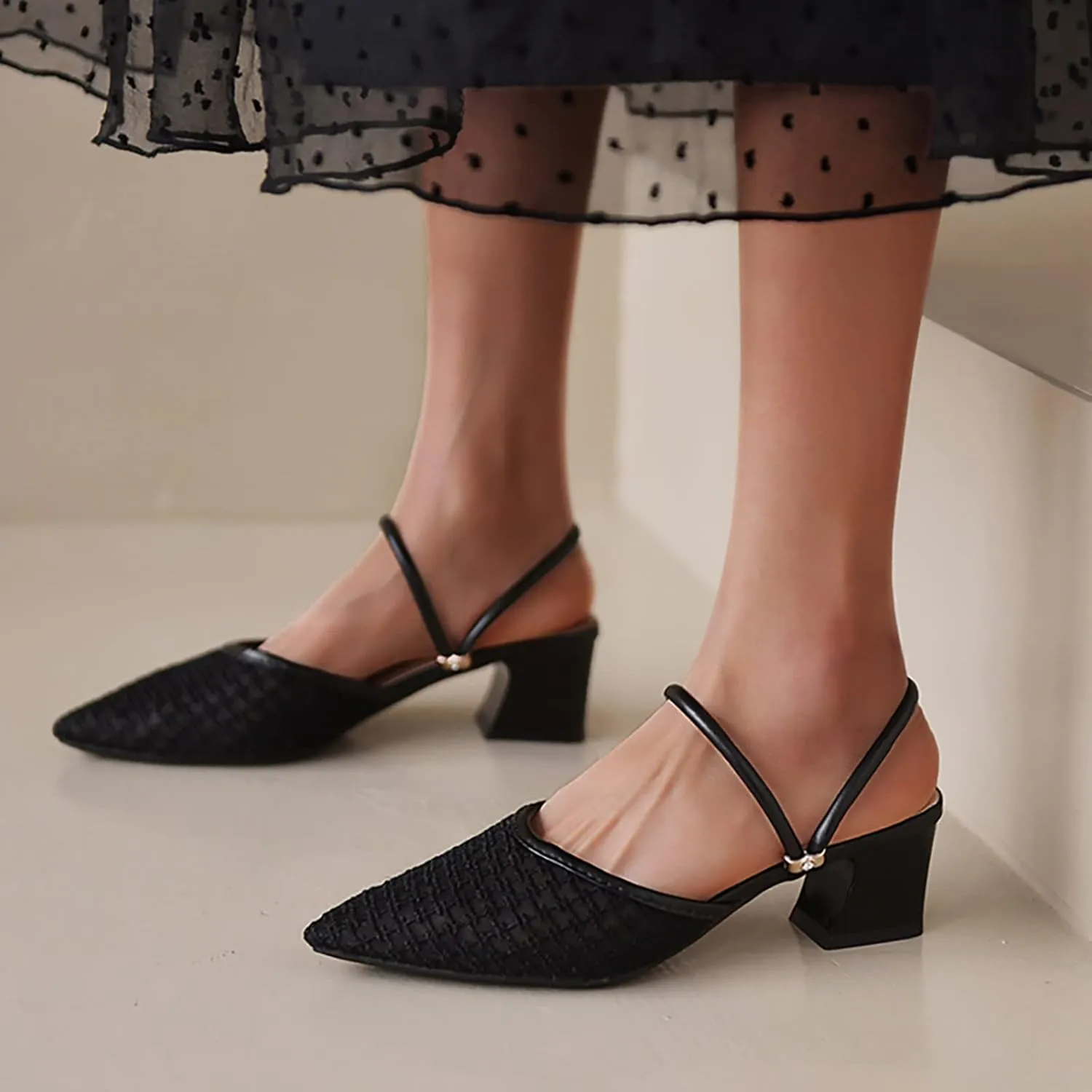Hbeylia Womens Slip On Mules Fashion Closed Pointed Toe Mesh Air Chunky Stacked Mid Heel Ballet Flats Lightweight Comfort Backless Dress Pumps Loafers Shoes Slides For Beach Travel