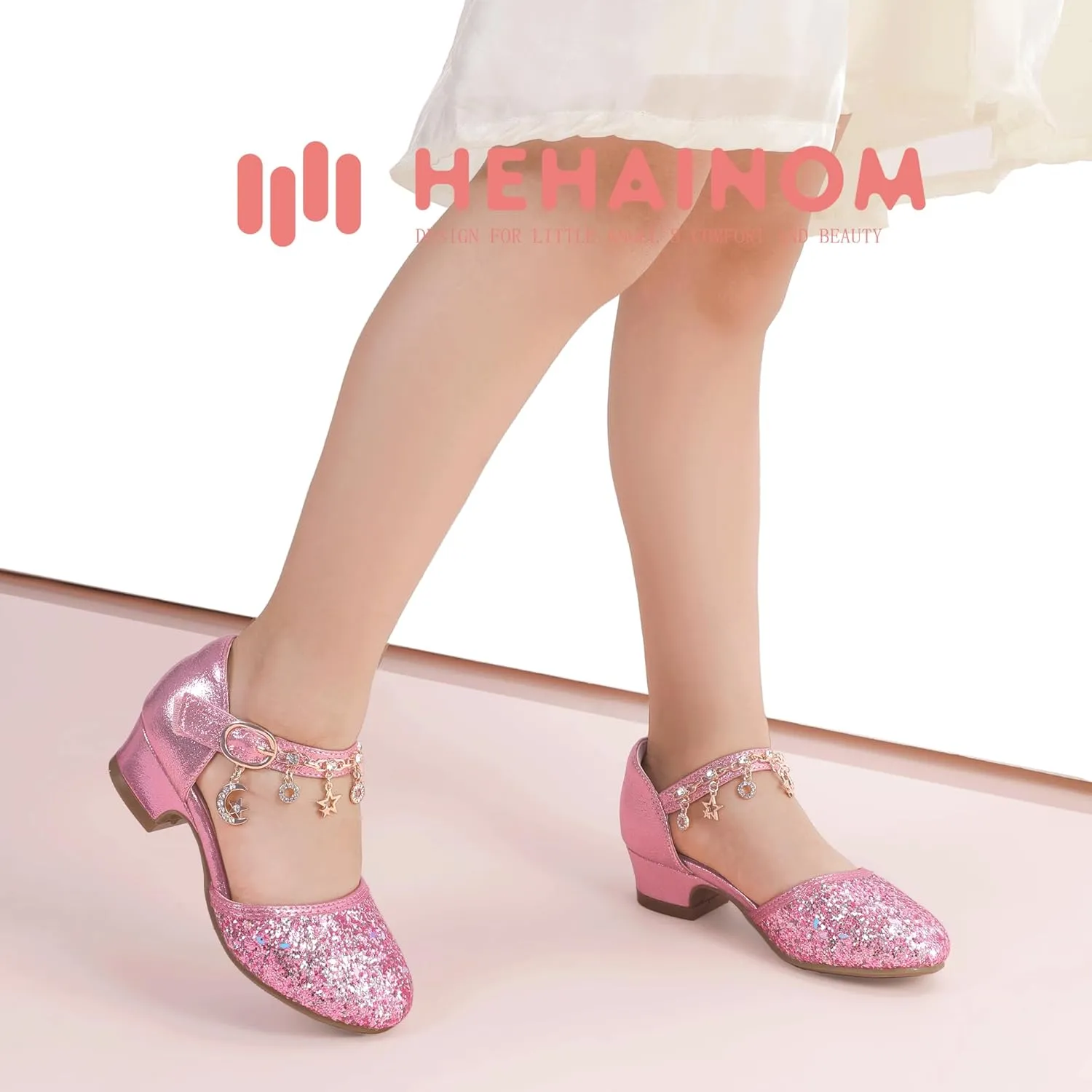 Hehainom Girls Sandals Sequins Princess Dress Shoes Closed Toe Low Heels for Toddler Little Big Kid Flower Wedding Party Pump Shoes