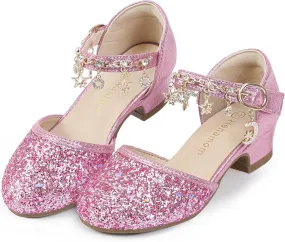 Hehainom Girls Sandals Sequins Princess Dress Shoes Closed Toe Low Heels for Toddler Little Big Kid Flower Wedding Party Pump Shoes