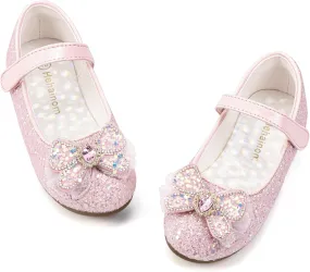 Hehainom Toddler Dress Shoes Mary Jane Ballet Flats Sparkly Bow Little Kid Girls Wedding Party Shoes