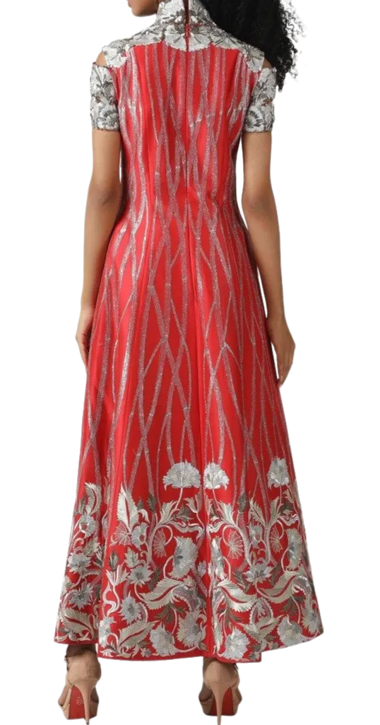 High Neck Silver & Red Tea Length Gown