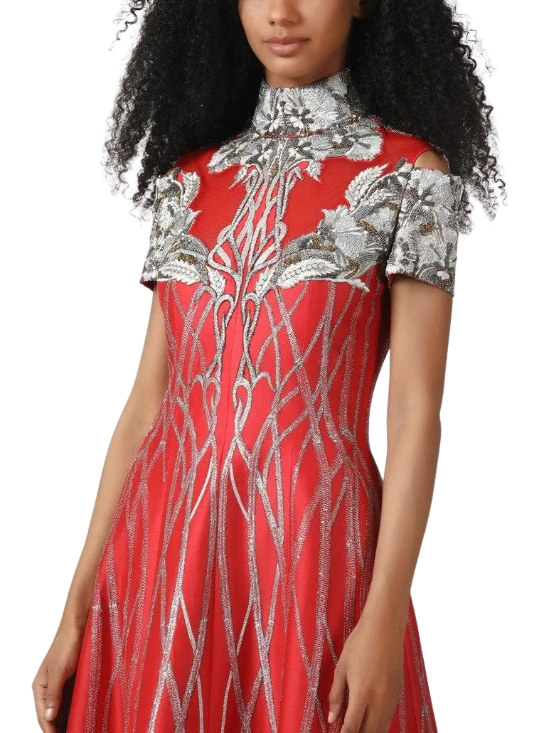 High Neck Silver & Red Tea Length Gown