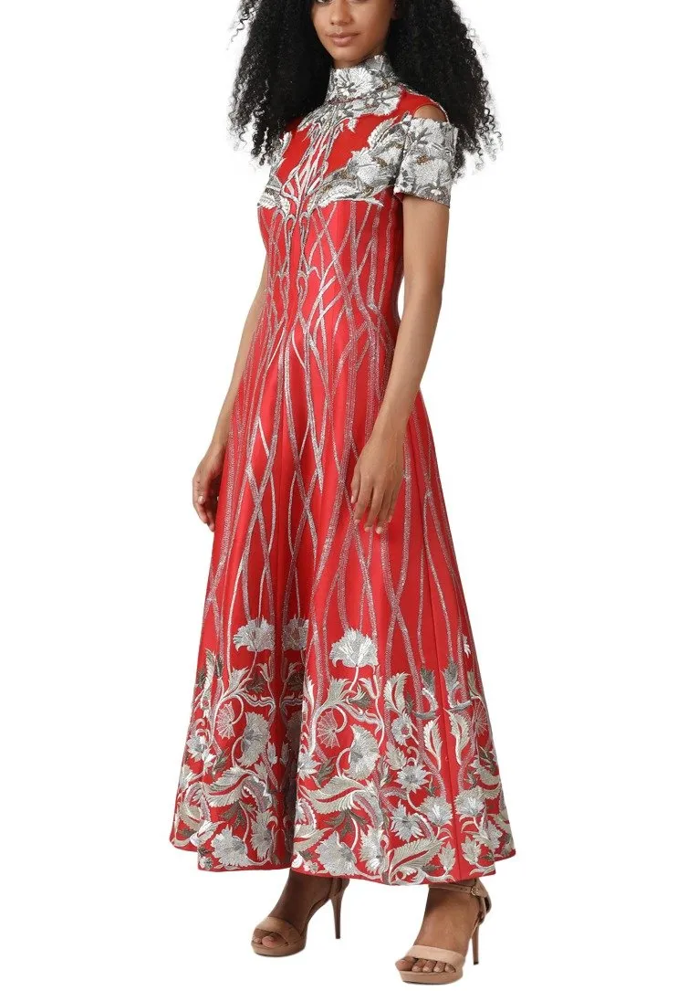 High Neck Silver & Red Tea Length Gown