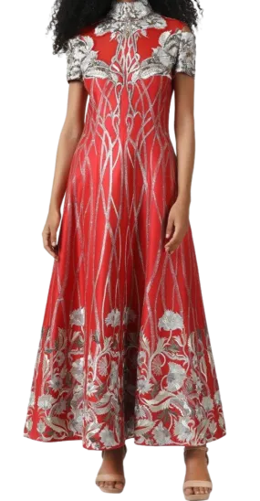 High Neck Silver & Red Tea Length Gown