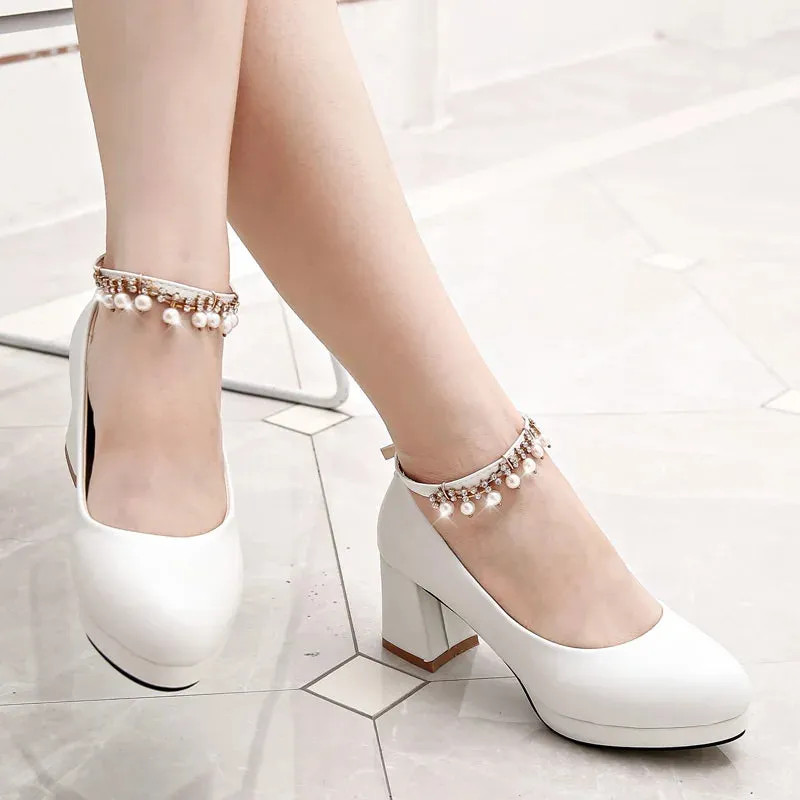 Hnzxzm Children Girls High heel Shoes For Kids Princess Sandals Fashion  Pearl Thick Heel Shallow Female High heels For Party Wedding