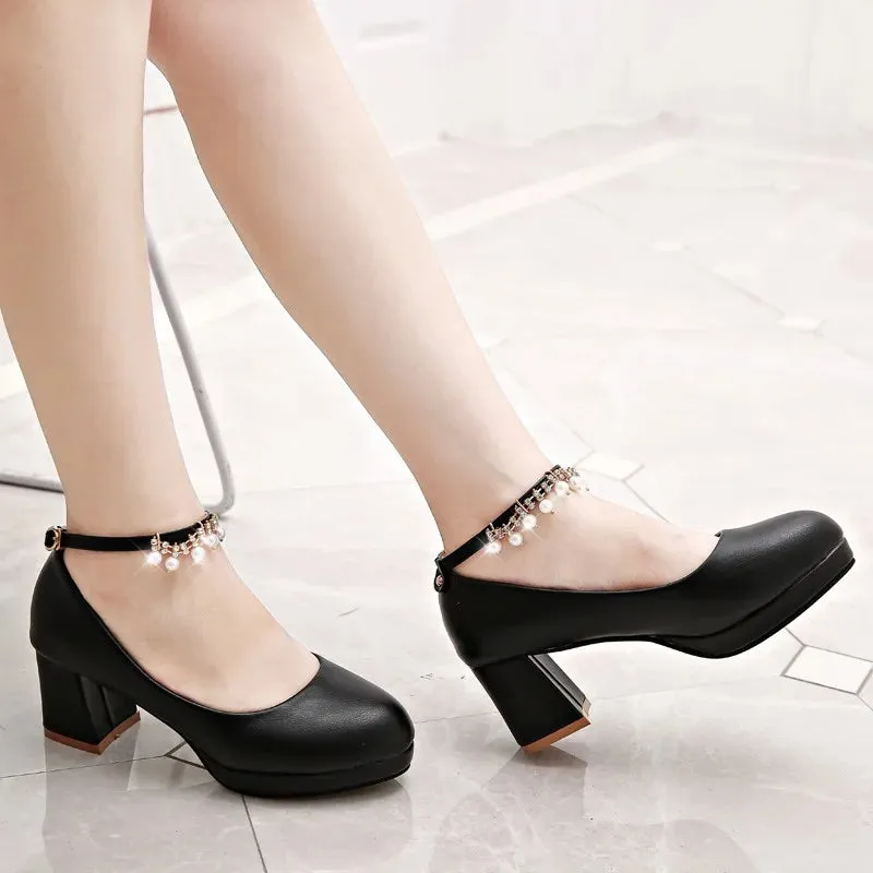 Hnzxzm Children Girls High heel Shoes For Kids Princess Sandals Fashion  Pearl Thick Heel Shallow Female High heels For Party Wedding