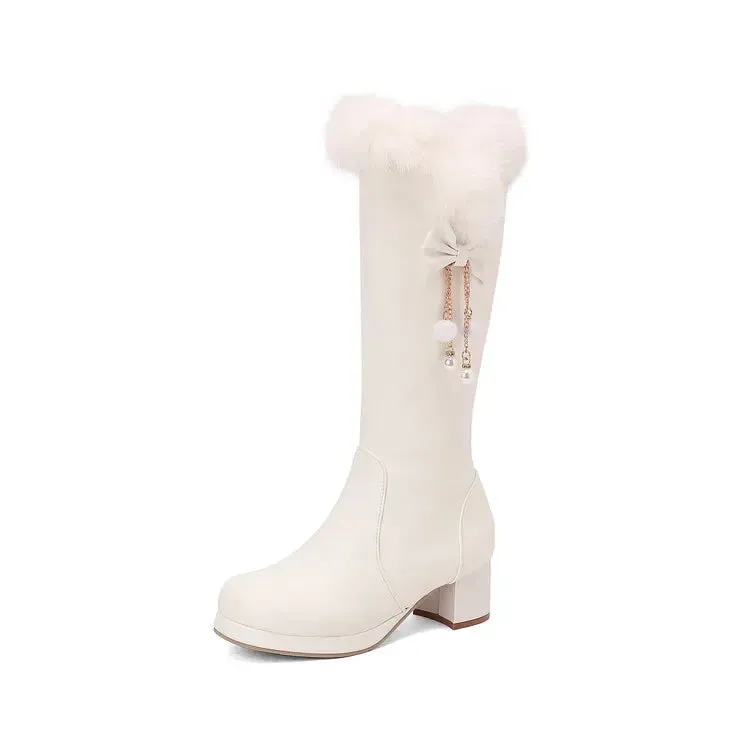 Hnzxzm Woman Faux Fur Knee-high Boots Pure White Pompom Pearls Comfort Boots Pink Warm Princess Party Shoes 48 Women