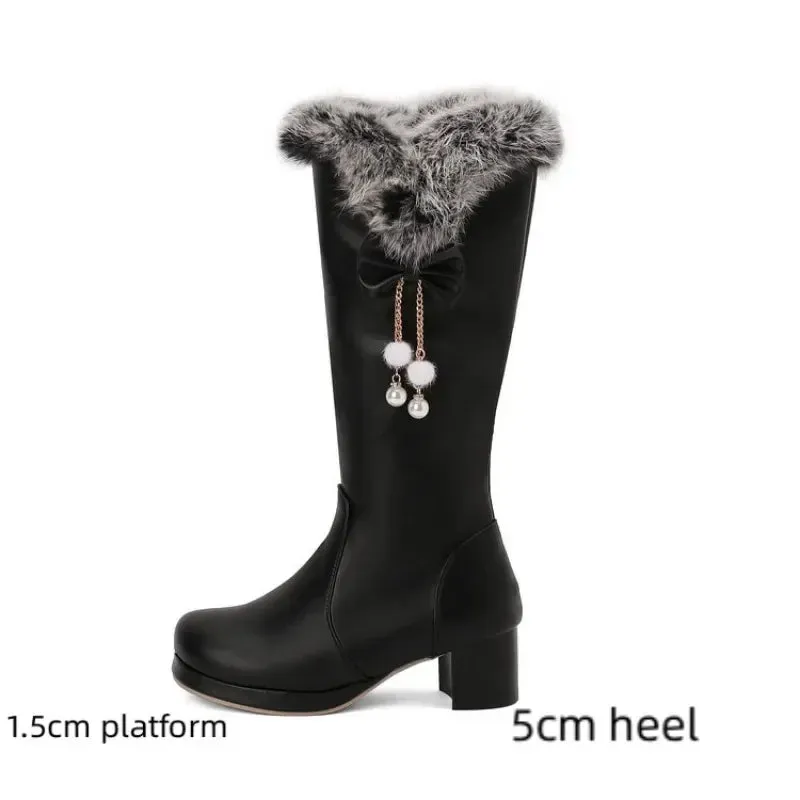 Hnzxzm Woman Faux Fur Knee-high Boots Pure White Pompom Pearls Comfort Boots Pink Warm Princess Party Shoes 48 Women