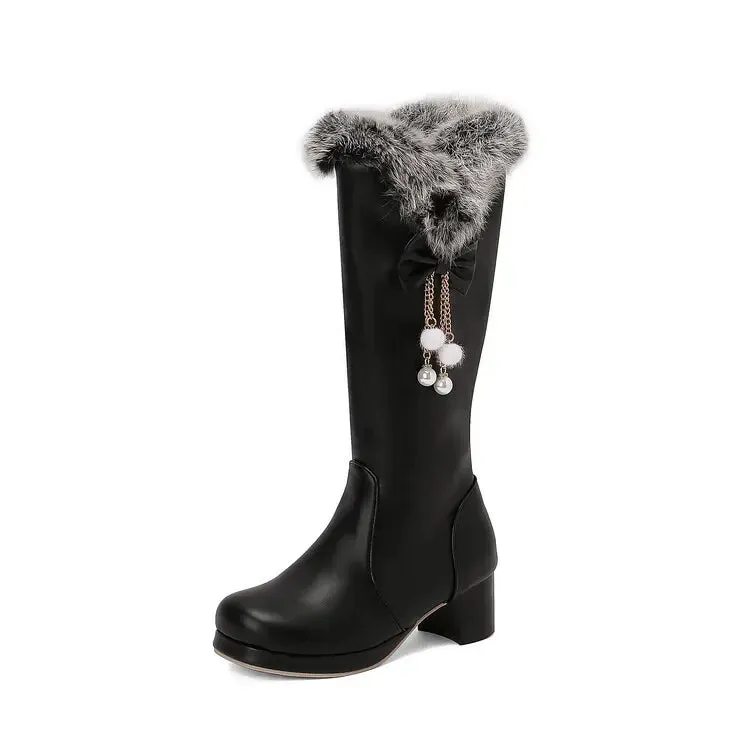 Hnzxzm Woman Faux Fur Knee-high Boots Pure White Pompom Pearls Comfort Boots Pink Warm Princess Party Shoes 48 Women