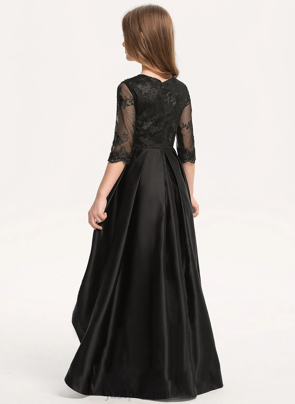 India Scoop Sleeves With 3/4 Girl Lace Dress Neck - A-Line Asymmetrical Flower Girl Dresses Satin Flower
