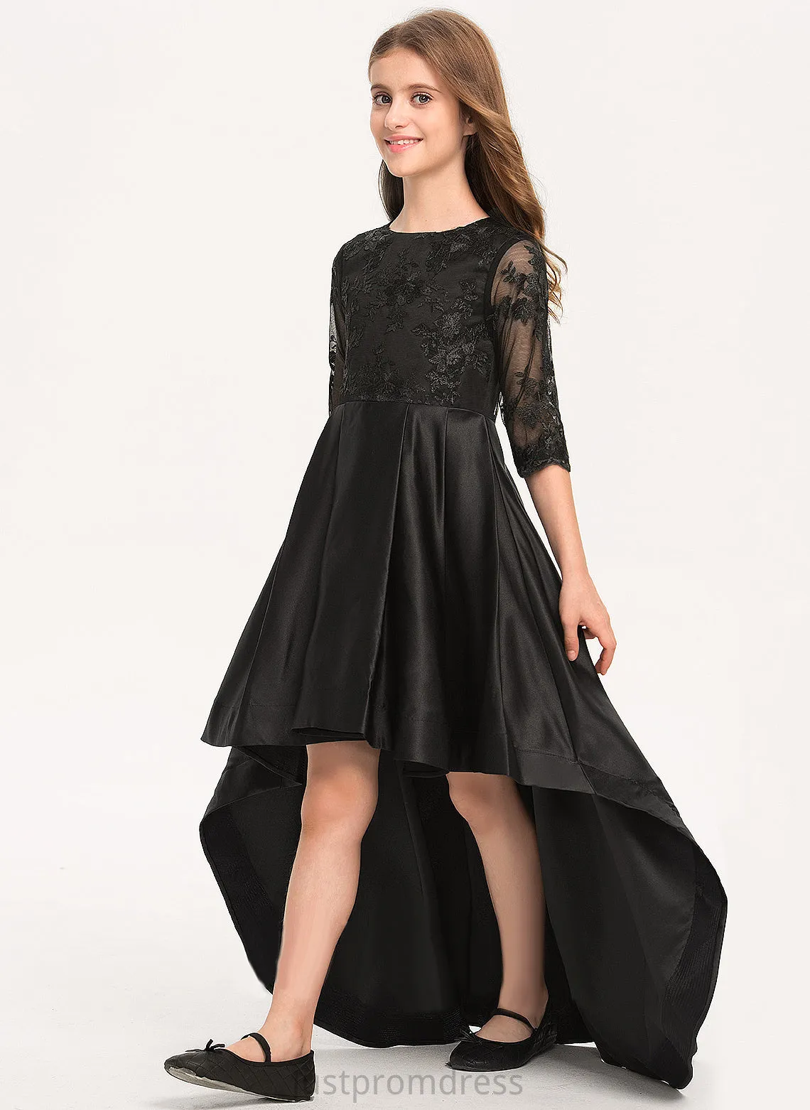 India Scoop Sleeves With 3/4 Girl Lace Dress Neck - A-Line Asymmetrical Flower Girl Dresses Satin Flower
