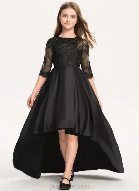 India Scoop Sleeves With 3/4 Girl Lace Dress Neck - A-Line Asymmetrical Flower Girl Dresses Satin Flower