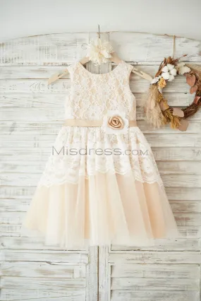 Ivory Lace Champagne Tulle Sleeveless Wedding Flower Girl Dress, Sash