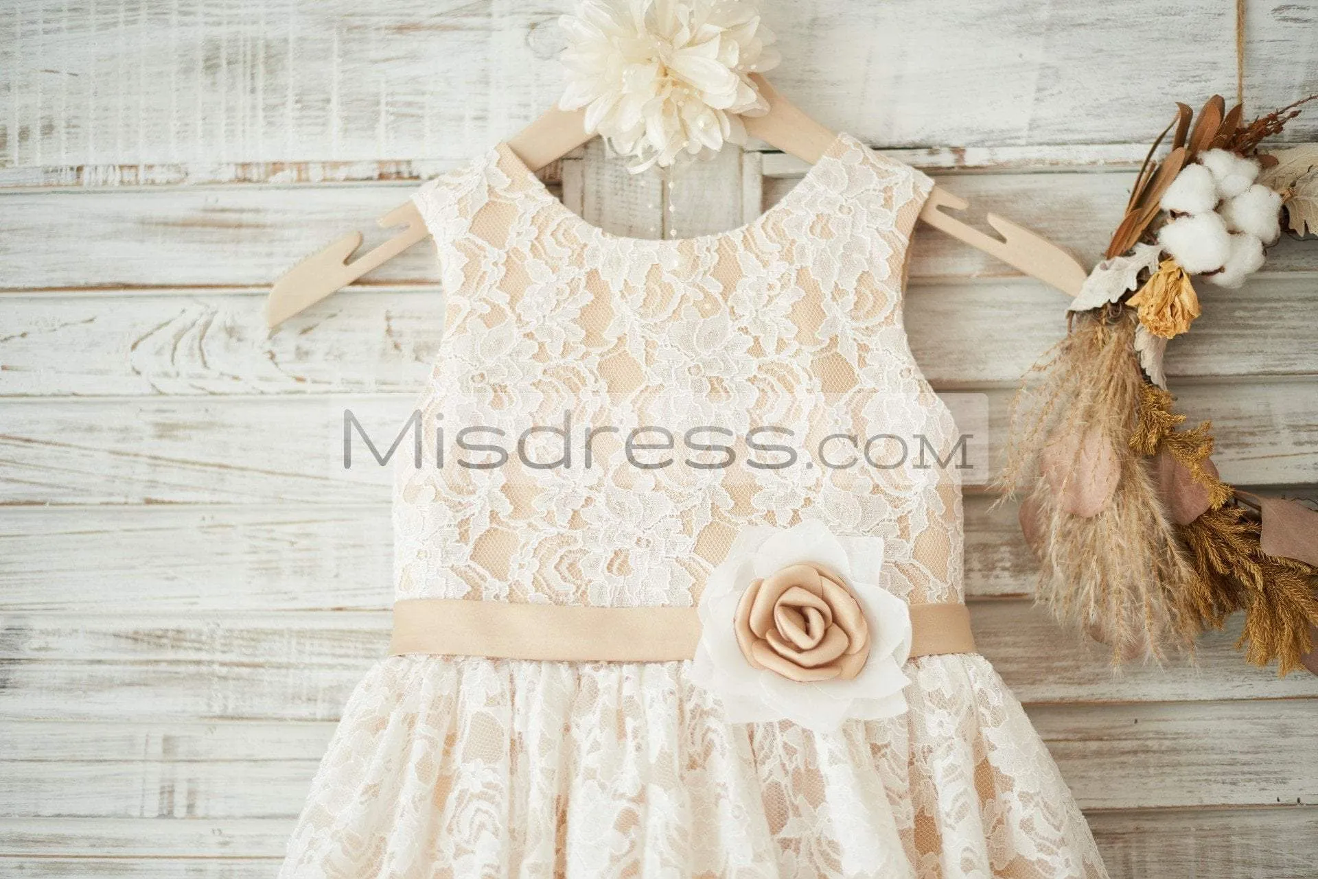 Ivory Lace Champagne Tulle Sleeveless Wedding Flower Girl Dress, Sash