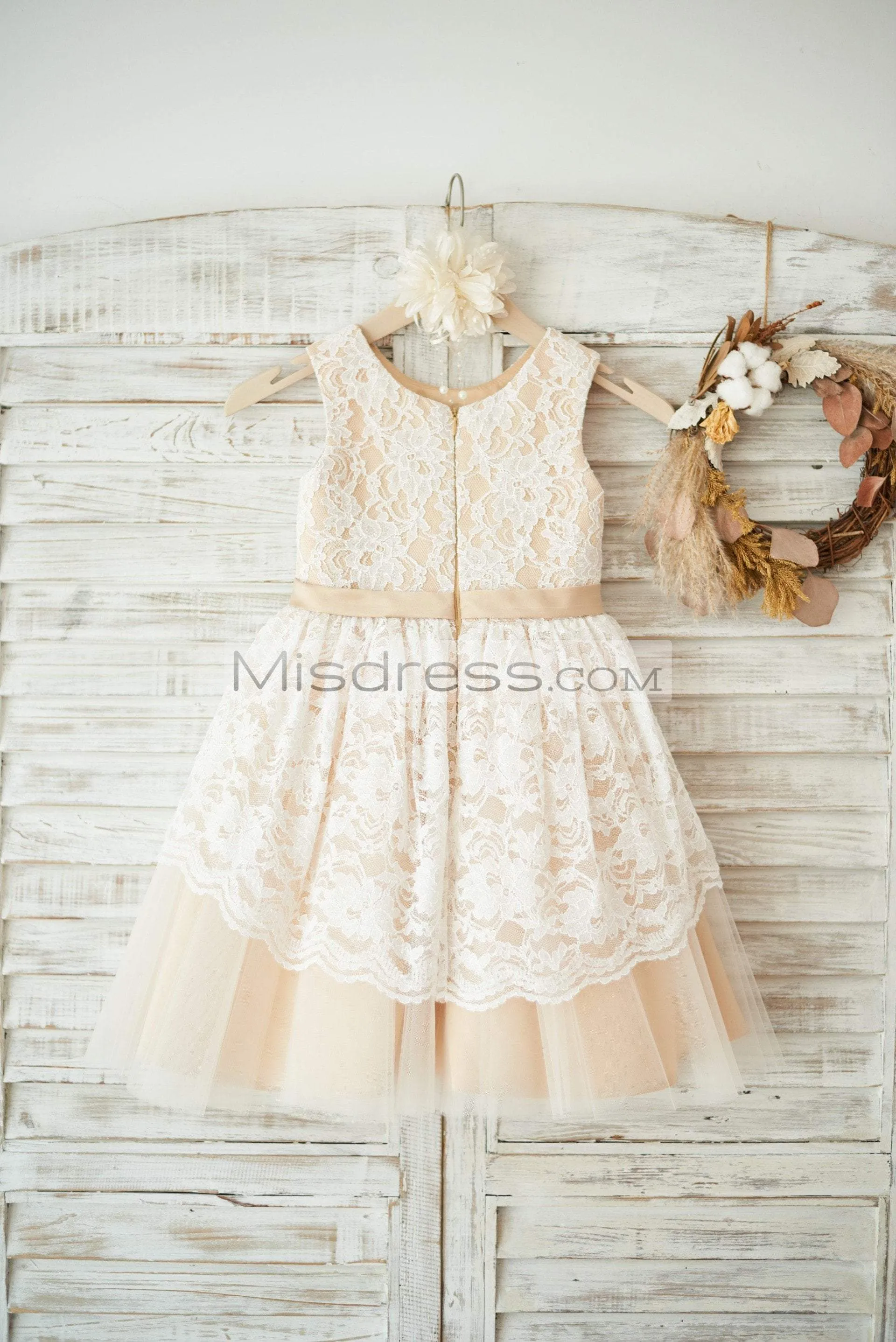 Ivory Lace Champagne Tulle Sleeveless Wedding Flower Girl Dress, Sash