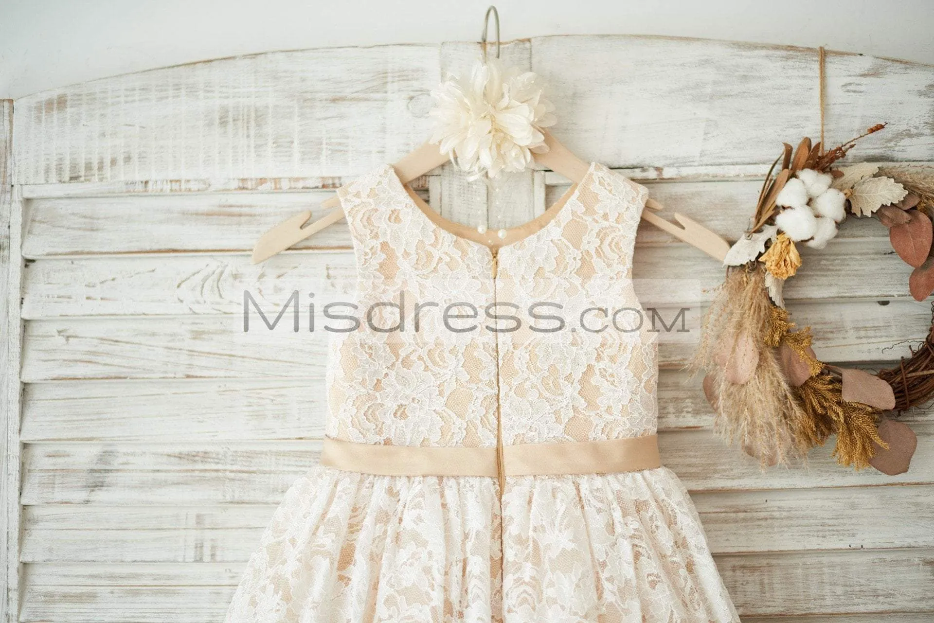 Ivory Lace Champagne Tulle Sleeveless Wedding Flower Girl Dress, Sash