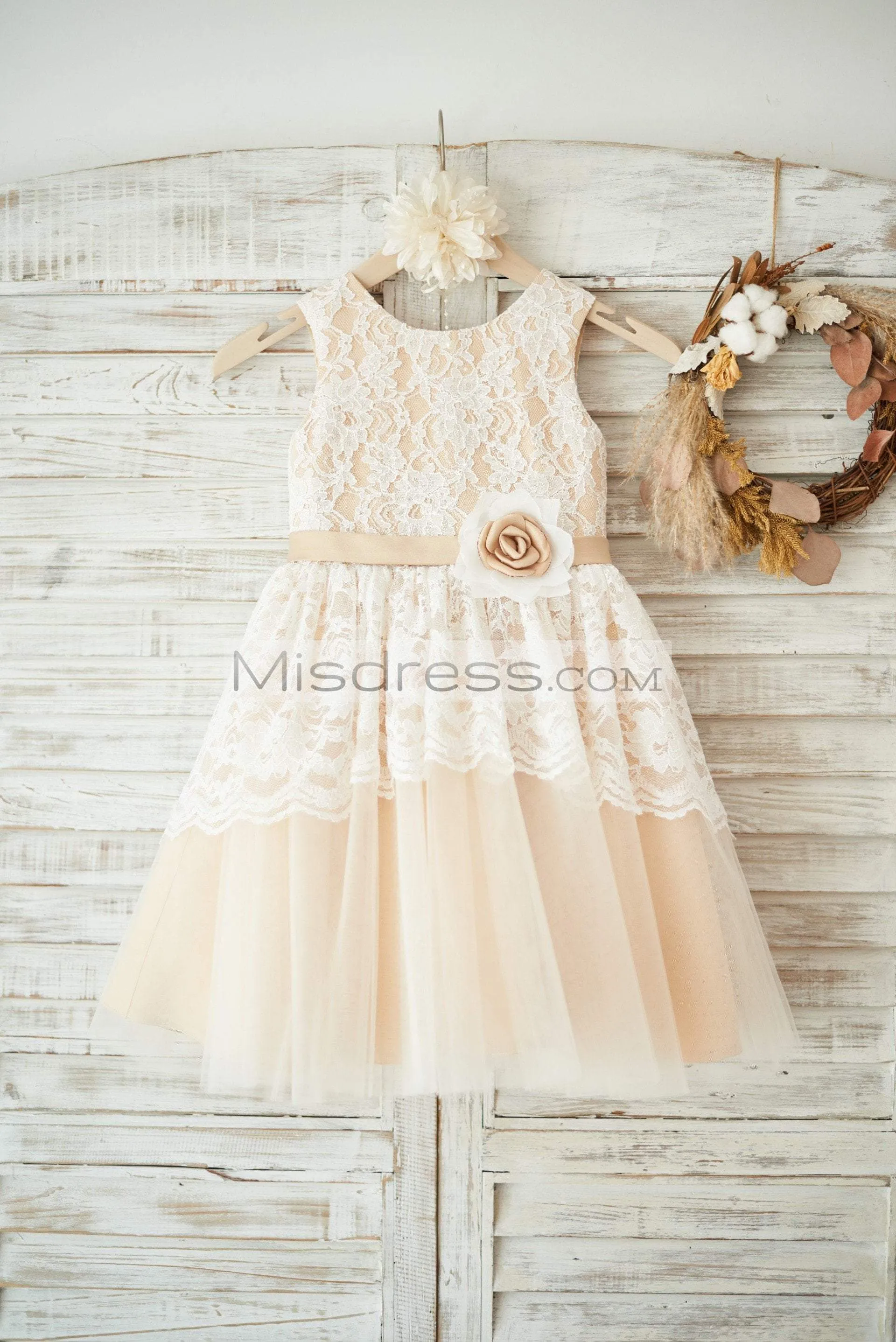 Ivory Lace Champagne Tulle Sleeveless Wedding Flower Girl Dress, Sash