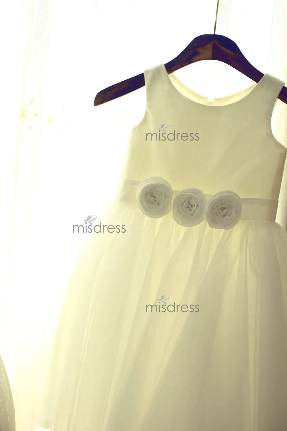 Ivory Satin Tulle Flower Girl Dress Baby Girl Dress, Flowers Sash