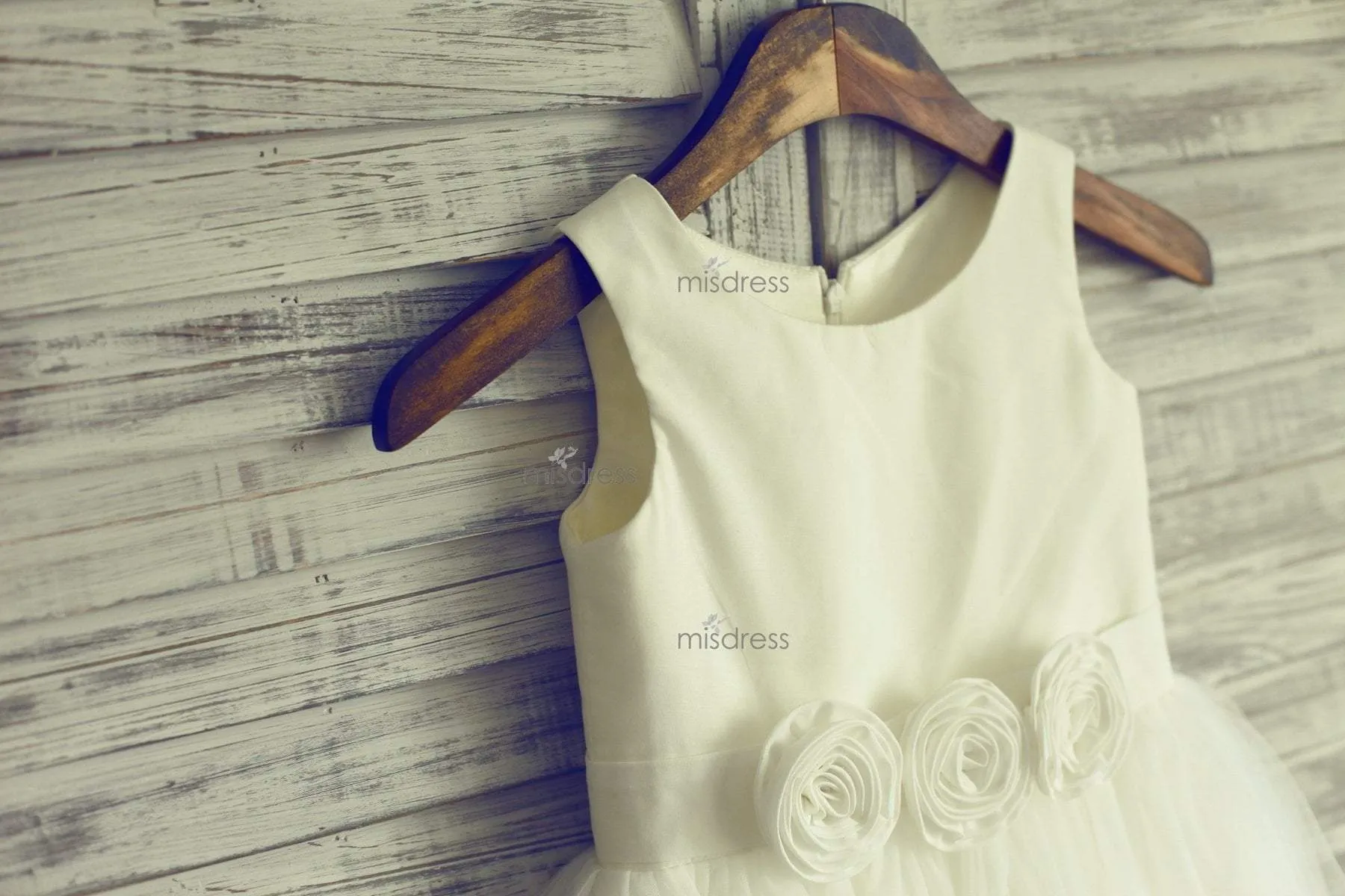 Ivory Satin Tulle Flower Girl Dress Baby Girl Dress, Flowers Sash